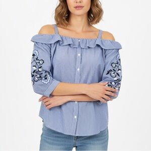 Ann Taylor Loft Blue Striped Off-Shoulder Top with Floral Embroidery